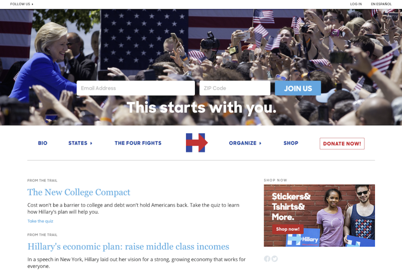 Hillary Clinton's home page in 2016, with content updates.