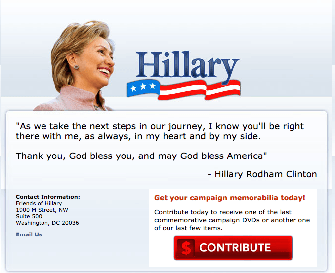 Hillary Clinton's home page in 2008