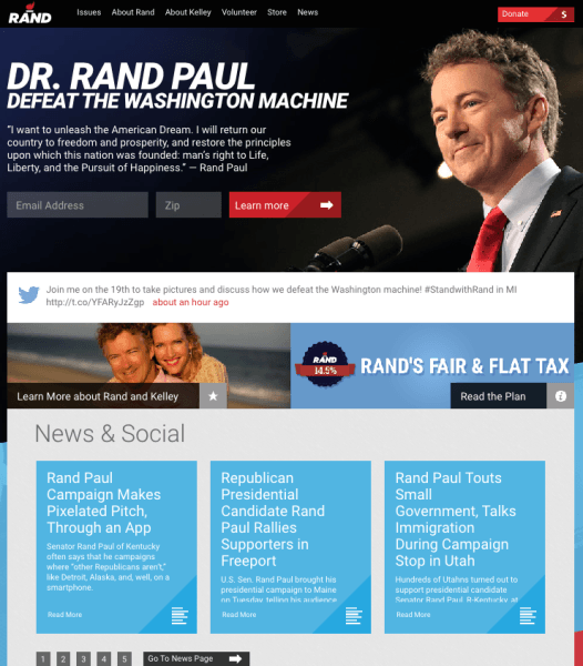 Rand Paul's website, with tweets in the middle of the page.