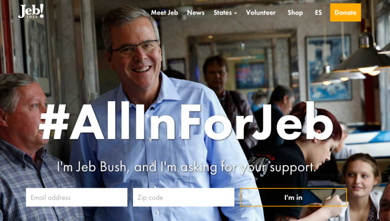 Jeb Bush's home page, promoting his main hashtag
