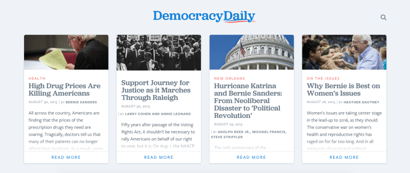 Bernie Sanders' website, with frequently updated news content.
