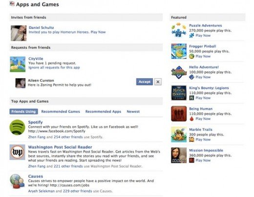 apps and games facebook dashboard 520x403 Facebook introduces changes to encourage gaming, particularly on mobile